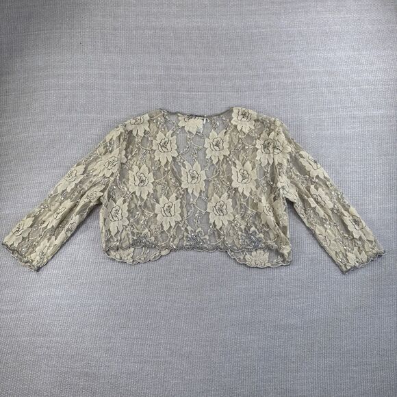 Vintage Glam Stenay Beaded Lace Shrug Bolero Ivory Tan Holiday Party Wedding M - Picture 6 of 9